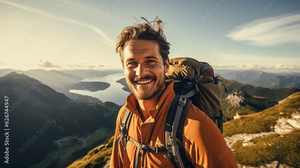 Illustration of Hiker on top of a mountain with a backpack and enjoying the view. AI generated Illustration