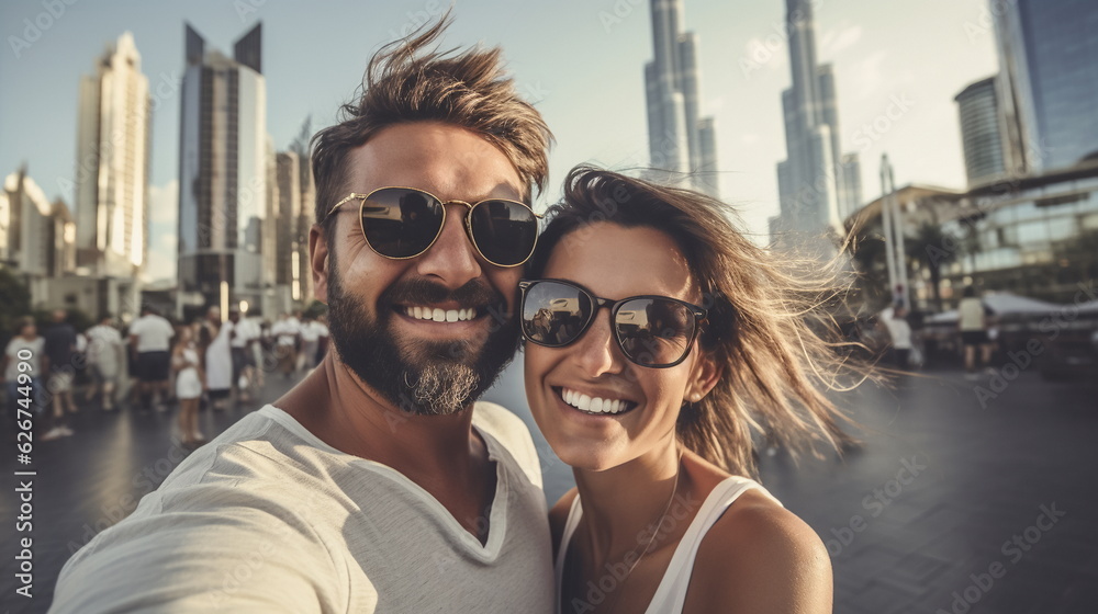 Illustration of Beautiful young couple is taking a selfie in the city. They are wearing sunglasses and smiling. AI generated Illustration