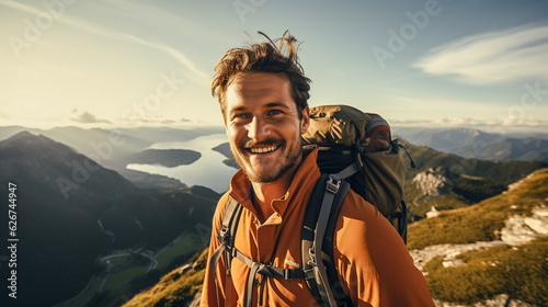 Illustration of Hiker on top of a mountain with a backpack and enjoying the view. AI generated Illustration