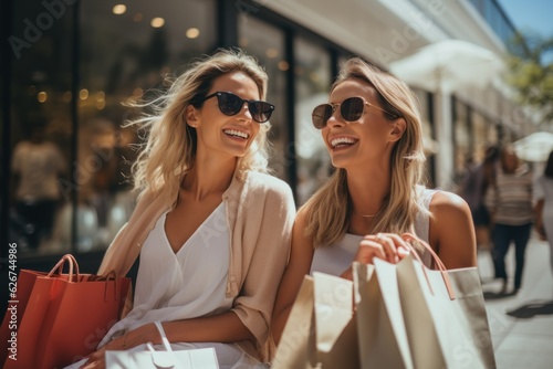 Two happy young women looking at store window while holding shopping bags near shopping mall