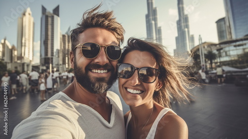 Illustration of Beautiful young couple is taking a selfie in the city. They are wearing sunglasses and smiling. AI generated Illustration