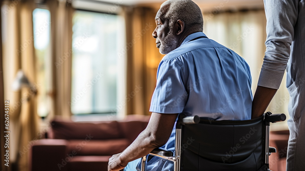 Fototapeta premium Illustration of Senior man in wheelchair talking to nurse at nursing home, back view. AI generated Illustration