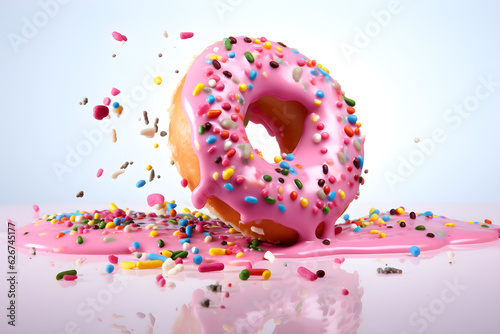 donut with dripping pink icing puddle and sprinkles on white background