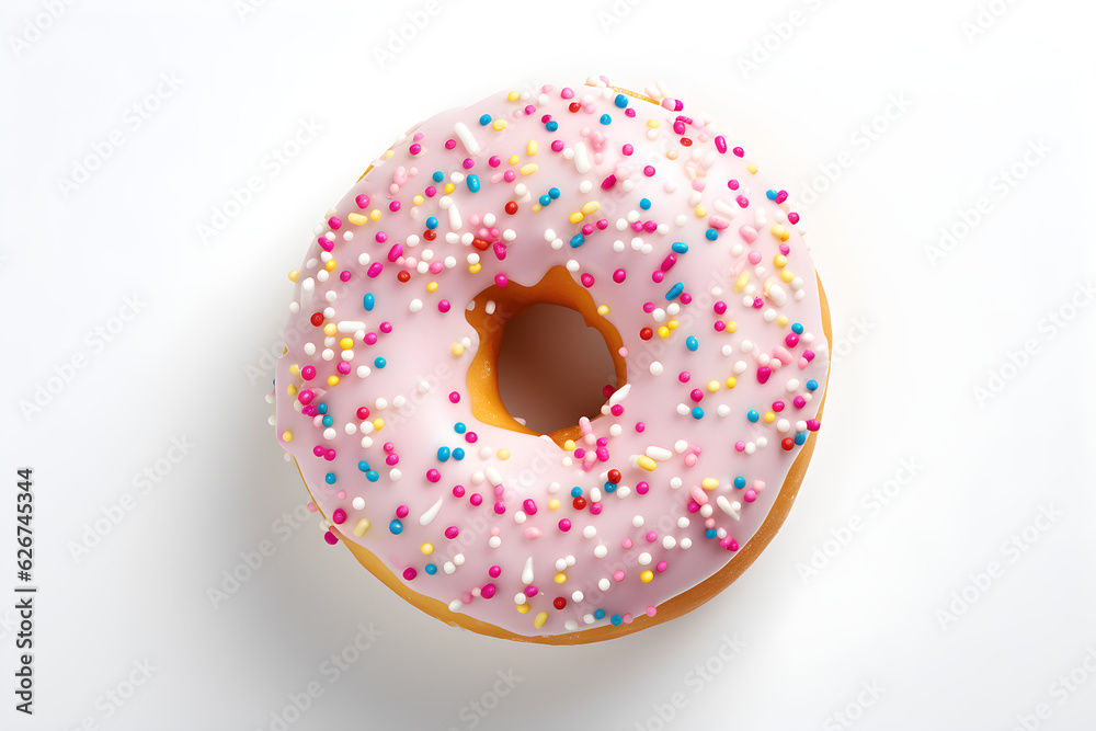 donut with pink icing and sprinkles on white background