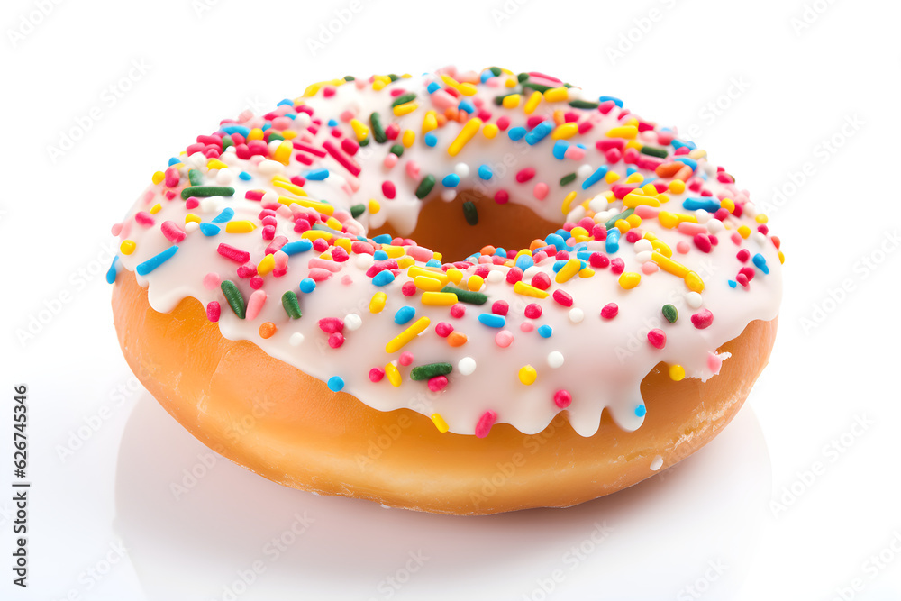 donut with white icing and sprinkles on white background donut with white icing and sprinkles on white background