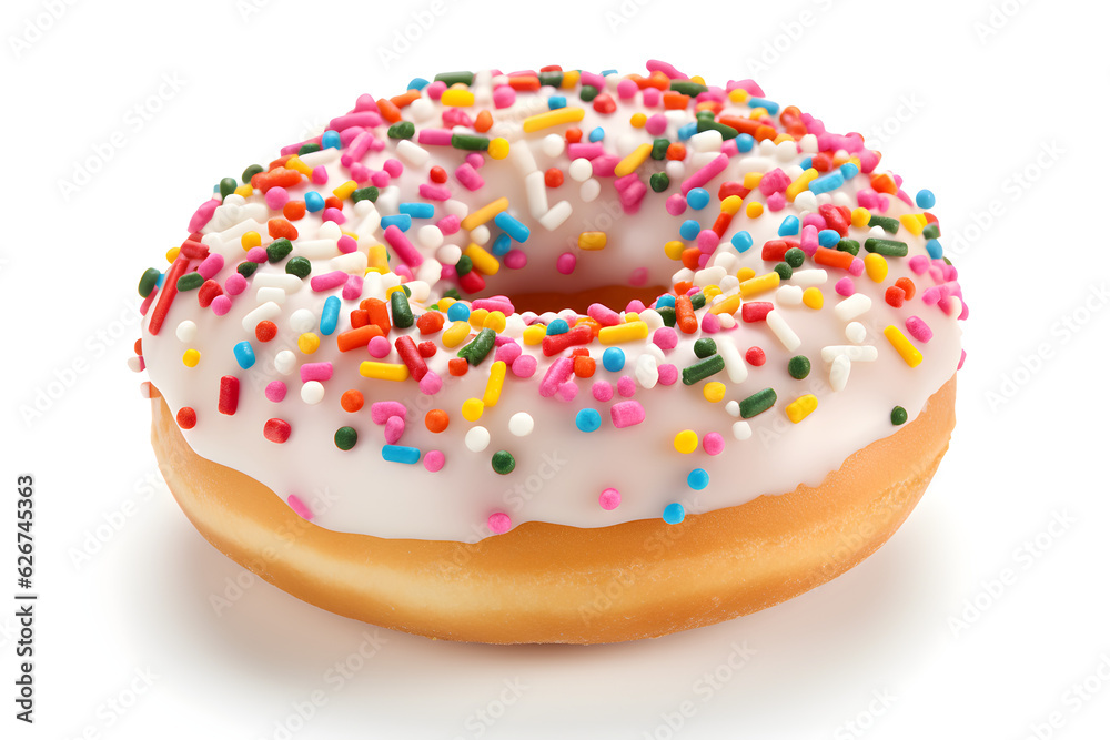 donut with white icing and sprinkles on white background donut with white icing and sprinkles on white background