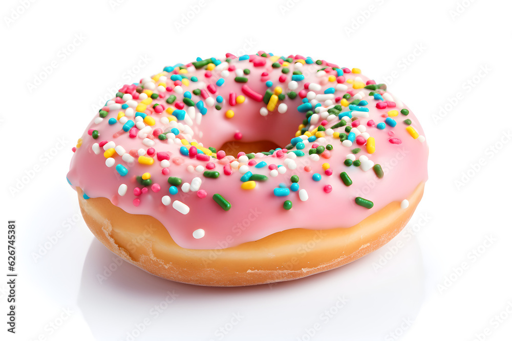 donut with pink icing and sprinkles on white background donut with pink icing and sprinkles on white background