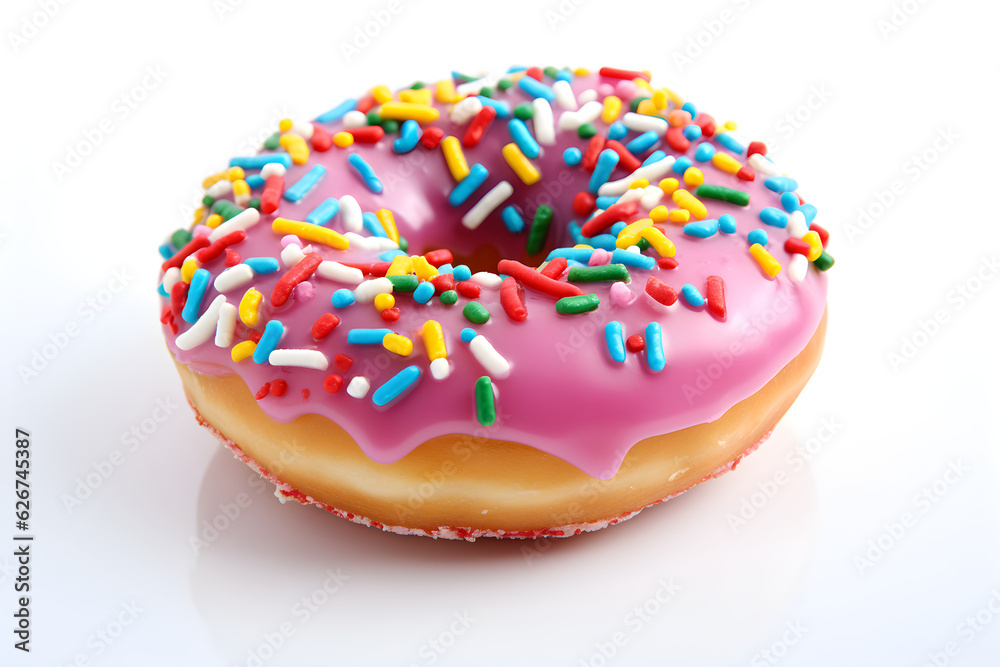 donut with pink icing and sprinkles on white background donut with pink icing and sprinkles on white background