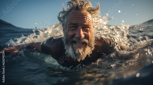 Illustration of a happy senior man swimming in the sea on a sunny day. AI generated Illustration © FelixW
