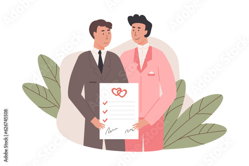 A male couple holding signed marriage certificate. Happy married gay men with prenup document. Newlywed husbands with prenuptial agreement. Romantic marriage of love partners. Vector flat illustration photo