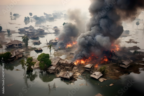 burning flooded village on fire - apocalyptic environmental disaster landscape