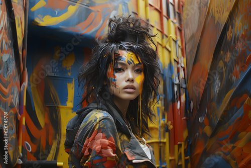 Asian woman wall artist with messy hair, paint stain on her face and jacket, standing in a street surrounded by colorful art walls.