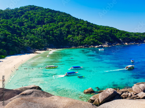 Scenic sea vista with sparkling azure waters from the top of Sailing rock cliff in Similan Islands, Andaman Sea off Phuket, Thailand