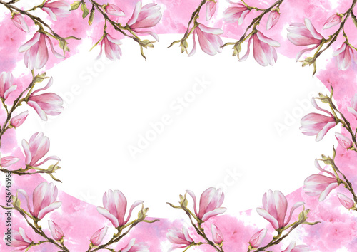 Floral frame watercolor magnolias flowers, bough and buds with pink stains Hand painted Illustration