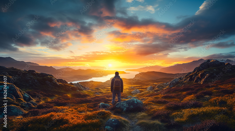 Man standing on a rock looking at the sunset in the mountains.