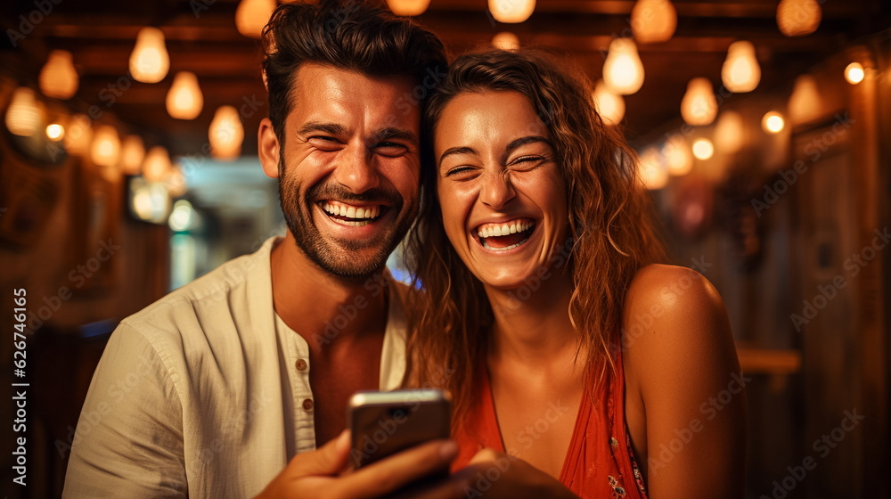 Happy young couple using mobile phone in a pub. They are smiling. Happy young couple using mobile phone in a pub. They are smiling.