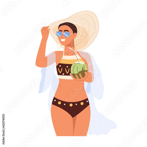 Happy young woman drinking fresh coconut water on beach. Beautiful girl in swimsuit, sunglasses and straw hat holding coco cocktail in her hands. Flat vector illustration isolated on white background
