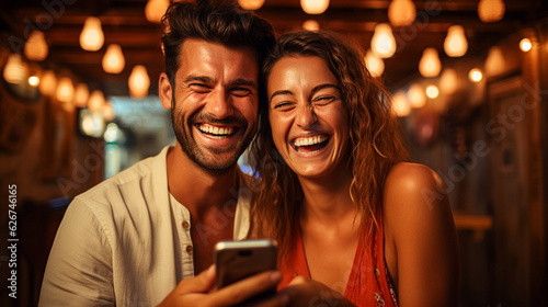 Happy young couple using mobile phone in a pub. They are smiling.