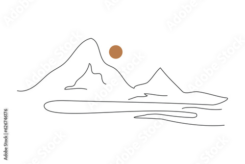 Abstract mountain landscape background. Hand drawn mountains and sun in minimal line art style. Modern vector illustration isolated on white