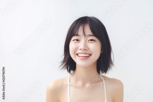 An adorable Asian girl, donning a bright smile, is elegantly photographed in her underwear against a pristine white backdrop. generative AI. © Surachetsh