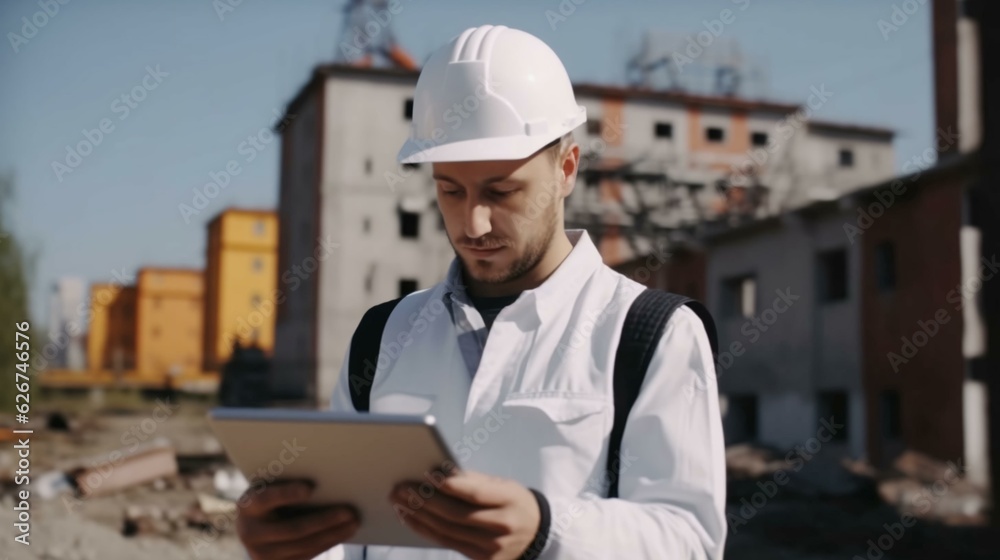 An engineer at a construction site in a white helmet with a tablet in his hands checks the work of the staff on the background of the construction site. AI generated An engineer at a construction site in a white helmet with a tablet in his hands checks the work of the staff on the background of the construction site. AI generated