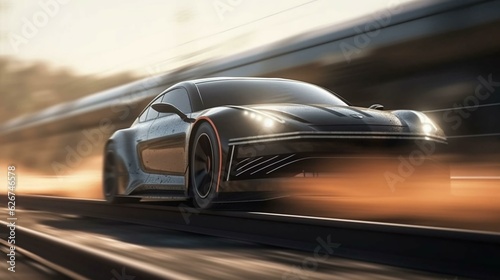 Modern beautiful fast race car sports car is driving fast on the road. AI generated