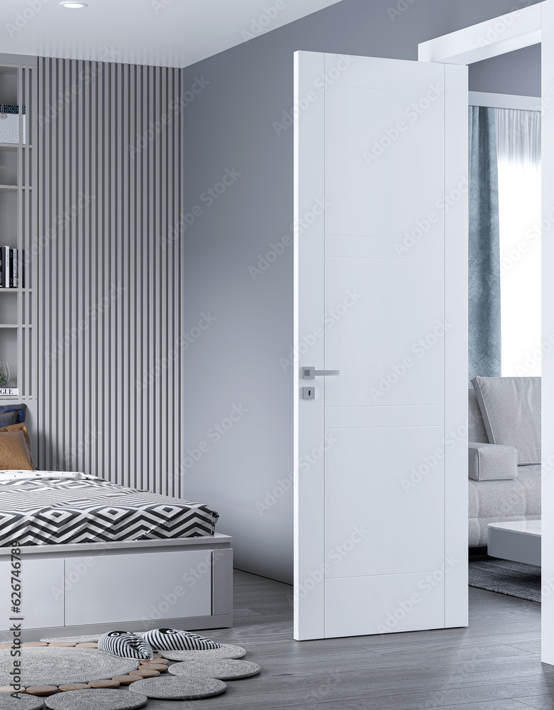 bedroom door With living room , bed with carpet and gray wall , white door with carpet interior design concept , 3d illustration bedroom door With living room , bed with carpet and gray wall , white door with carpet interior design concept , 3d illustration