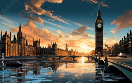 Vintage big ben and houses in the sunset background.