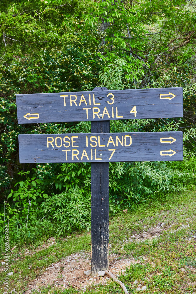 Forest, woodland, trail marker, wooden signs, trail three, trail four, rose island, trail 3, trail 4