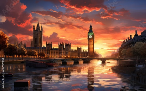 Vintage big ben and houses in the sunset background.