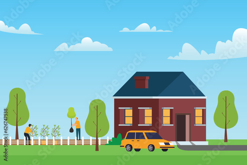 Family is planting a tree in the backyard garden of the house 2d vector illustration concept for banner, website, illustration, landing page, flyer, etc