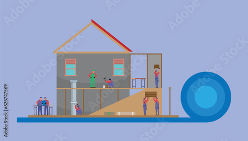 Home renovation workers doing house repair professional decorating service 2d vector illustration concept for banner, website, illustration, landing page, flyer, etc