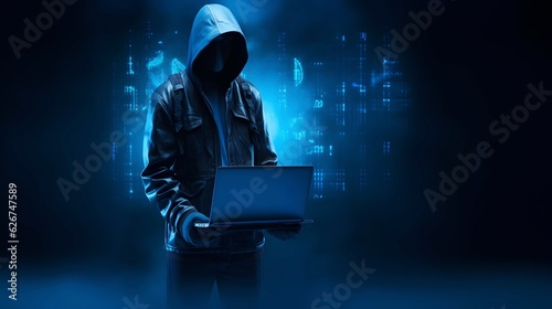 Anonymous hacker with laptop. Concept of dark web, cybercrime, cyberattack, etc photo