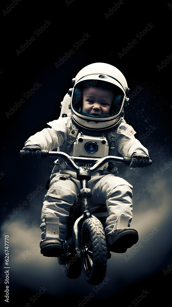 Kid spaceman or astronaut riding bicycle in galaxy space Kid spaceman or astronaut riding bicycle in galaxy space