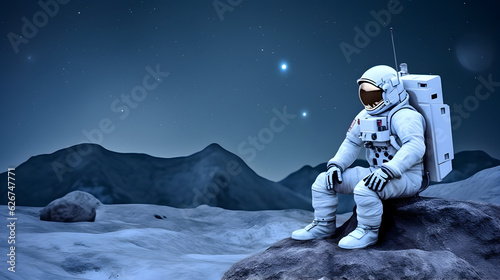 Spaceman or astronaut sitting on the rock at moon.