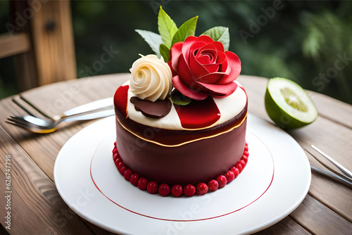 red velvet cake with strawberries,flower,berries on top | Generative AI