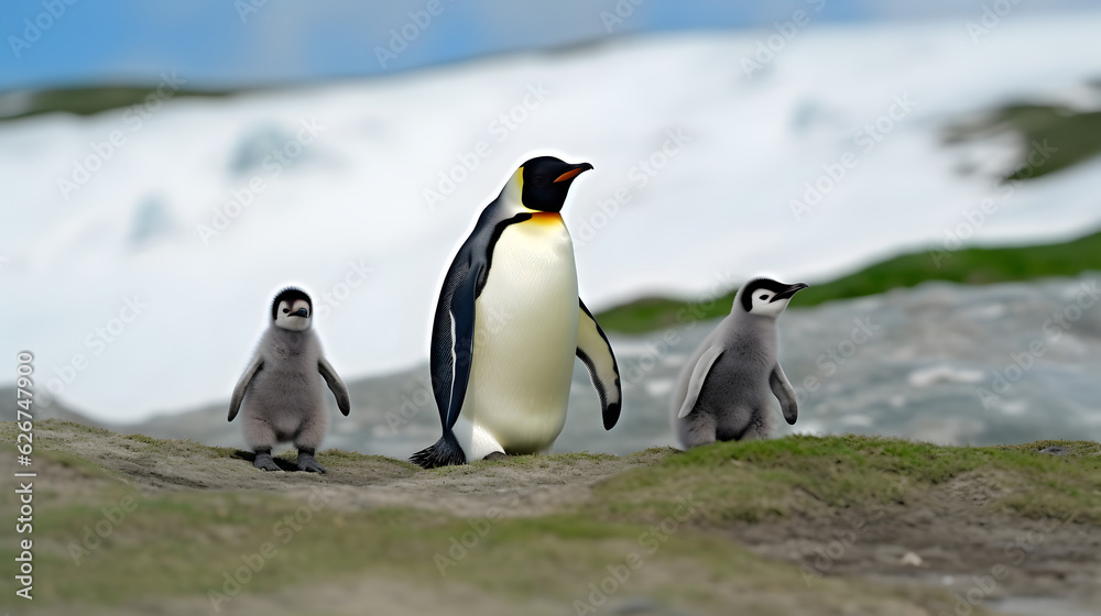 Fototapeta premium Dad or mom and baby penguins. Father love, bond and parenting concept.