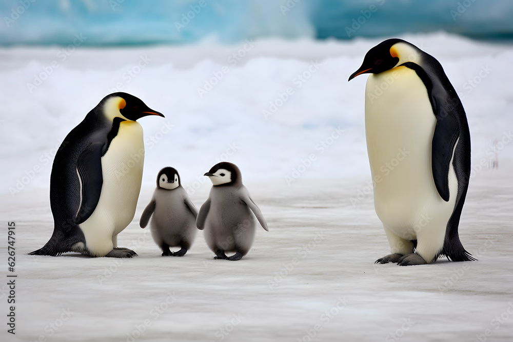 Obraz premium Parent and baby penguins. Parents love, bond and parenting concept.