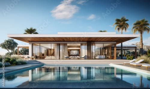Beautiful and luxurious exterior contemporary house with swimming pool . Generative AI © krasemsakdesign