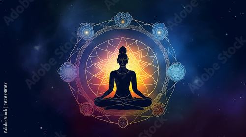 Title: Cosmic Buddha Chakra Meditation Message banner - lotus position seated buddha with the seven chakras laid over against a wide dark blue night sky. Spiritual self - healing