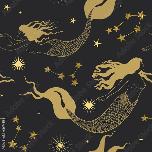 Beautiful seamless pattern with gentle mermaids in the sea. Stock illustration. Fantasy creature. photo