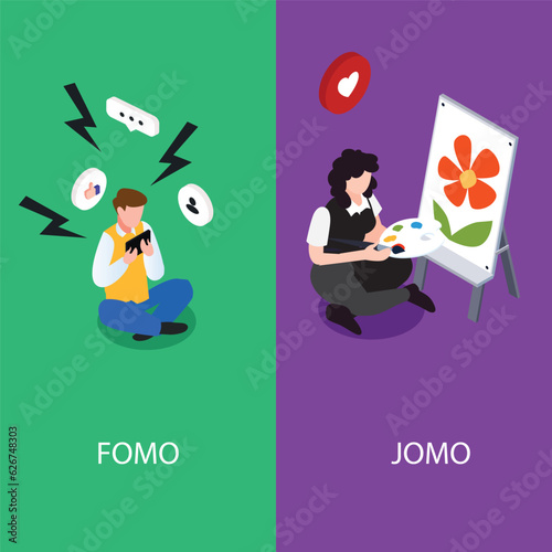 FOMO lifestyle compared to JOMO lifestyle isometric 3d vector illustration concept for banner, website, illustration, landing page, flyer, etc