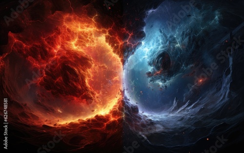 Fire and water element, blue and red contrast background.