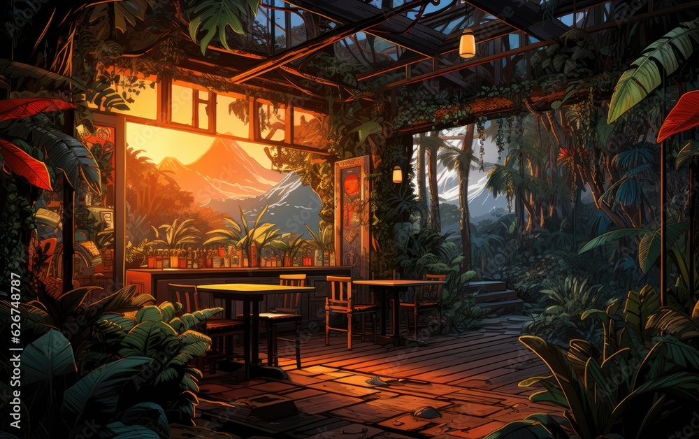 A wooden design cafe in the sunset jungle. 