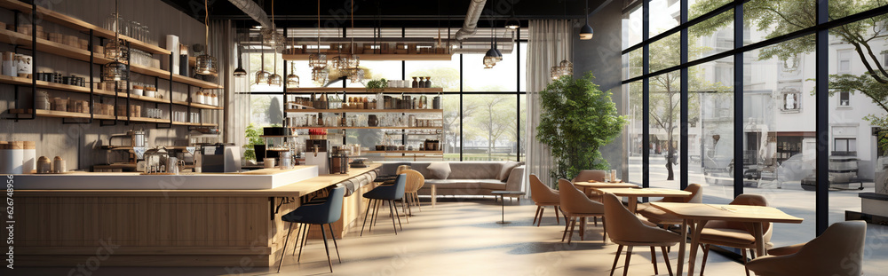 Interior of modern coffee shop in loft style Interior of modern coffee shop in loft style