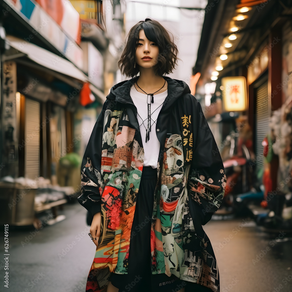 The design of modern woman's streetwear, a combination of Iranian and Japanese styles, is simple and special, fashion, clothes, girls, Asian, beauty, model, face, hair, street style, Ai generate.