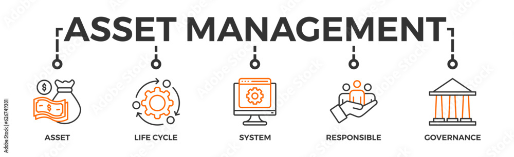 Asset management banner web icon vector illustration concept with icon of asset, life cycle, system, responsible and governance