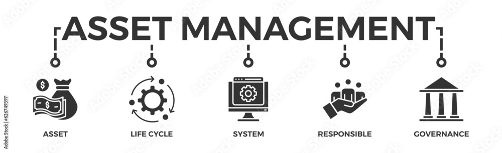 Asset management banner web icon vector illustration concept with icon of asset, life cycle, system, responsible and governance Asset management banner web icon vector illustration concept with icon of asset, life cycle, system, responsible and governance