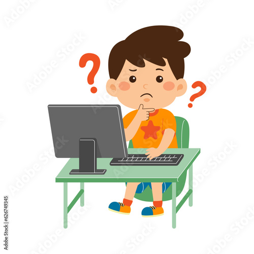 cute little kid boy use computer