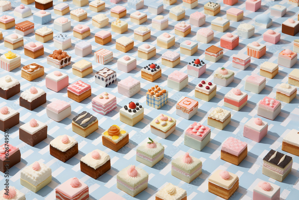 Obraz premium A delightful food cake pattern of pastel-hued, isometric square cakes creates a stunning pattern of sweetness and confectionery perfection, sure to tantalize any snack lover's taste buds